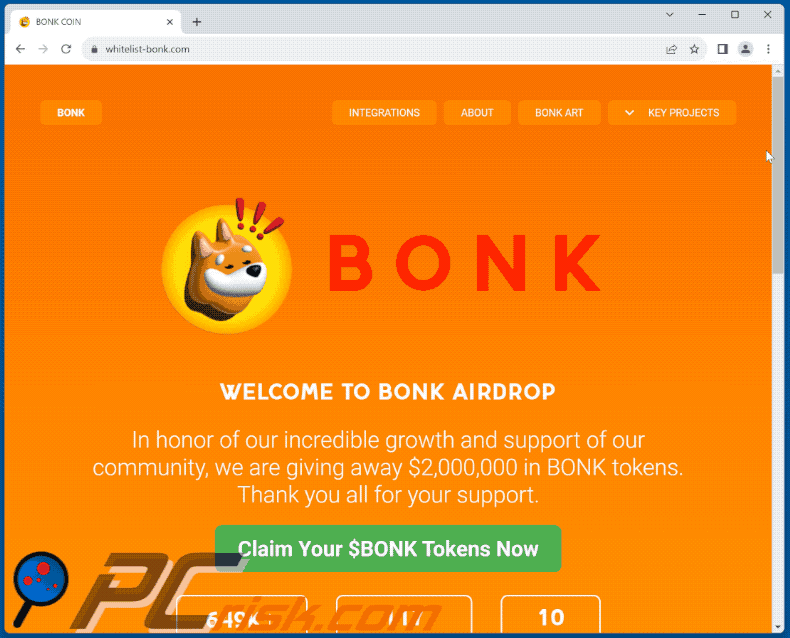 Wygląd oszustwa Bonk Coin Airdrop Giveaway (GIF)
