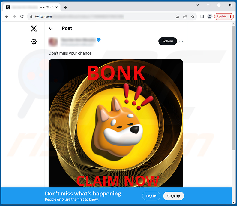 Zwodniczy post na Twitterze (X) promujący oszustwo Bonk Coin Airdrop Giveaway