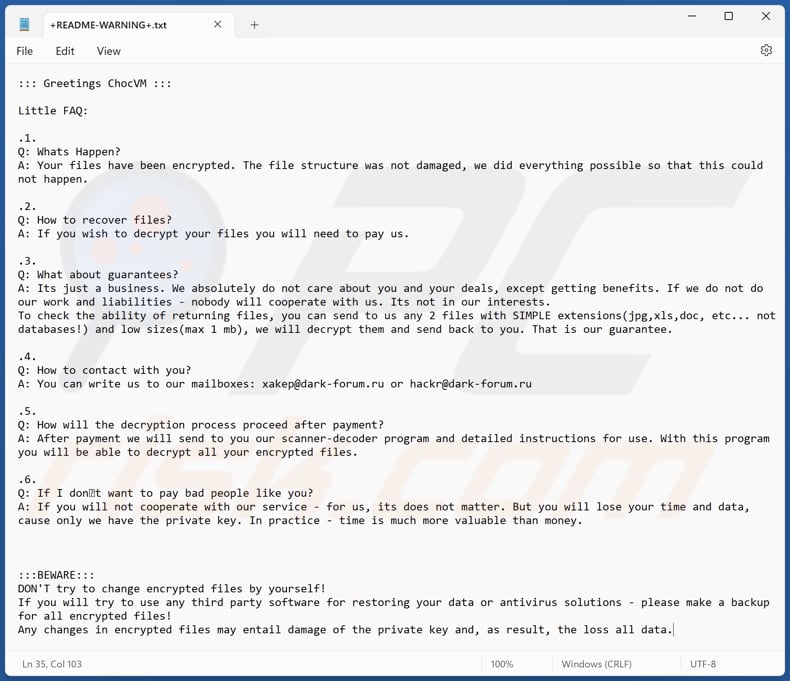 Plik tekstowy ransomware ChocVM (+README-WARNING+.txt)