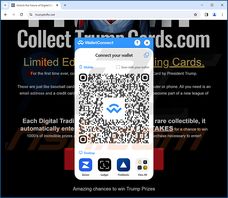 Oszustwo Collect Trump Cards proszące użytkowników o połączenie ich portfeli kryptowalutowych