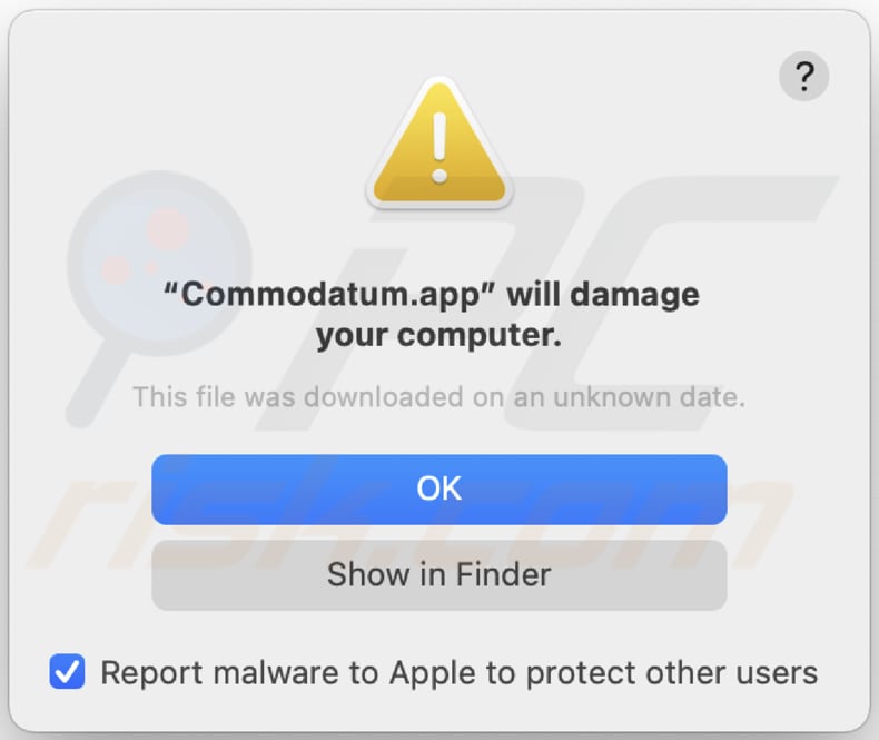 Ostrzeżenie pop-up adware Commodatum.app