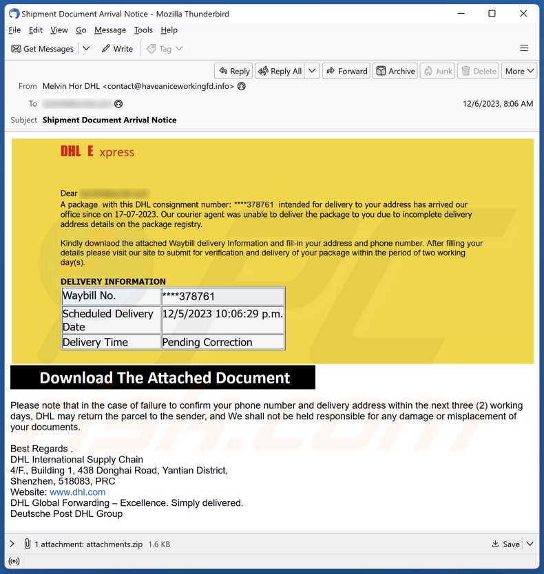 E-mailowa kampania spamowa DHL Express - Incomplete Delivery Address