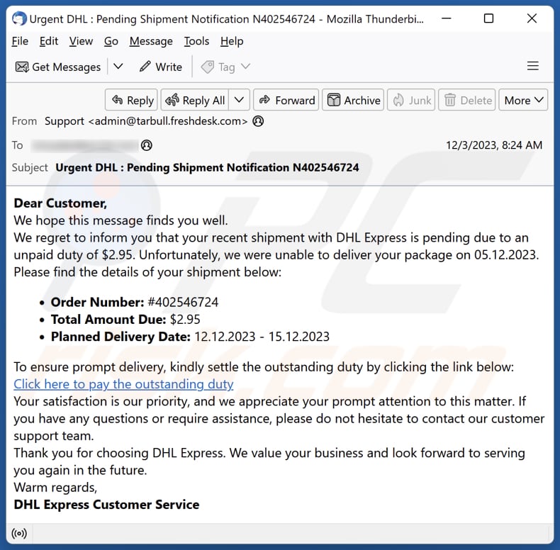 E-mailowa kampania spamowa DHL Unpaid Duty