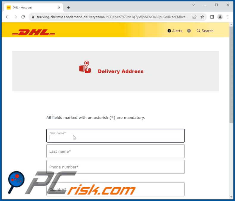 Strona phishingowa promowana poprzez oszukańczy e-mail DHL Unpaid Duty (GIF)