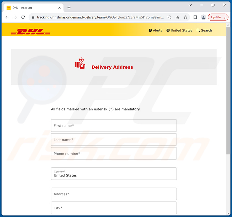 Strona phishingowa promowana poprzez oszukańczy e-mail DHL Unpaid Duty (strona nr 1)