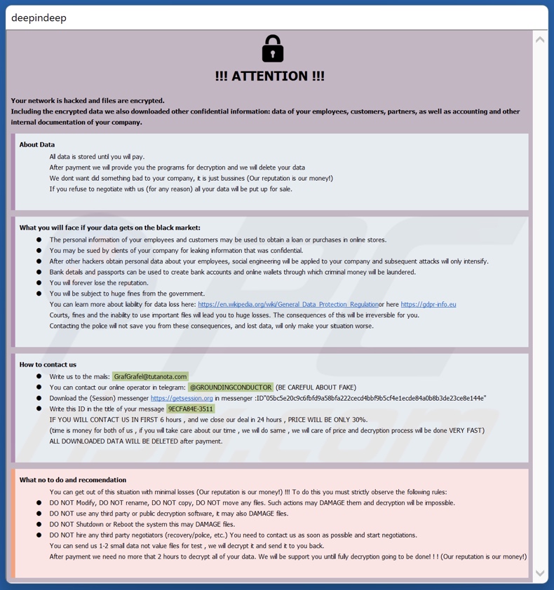 Notatka z żądaniem okupu ransomware GrafGrafel (info.hta)