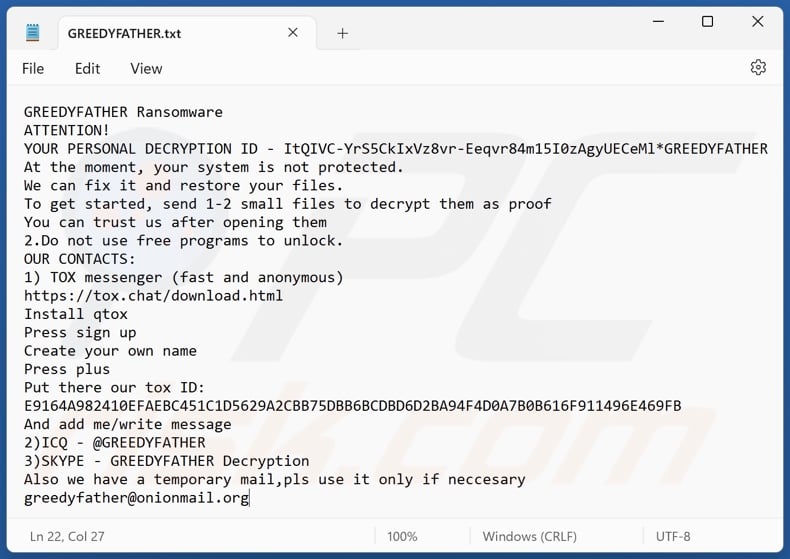 Notatka z żądaniem okupu ransomware GREEDYFATHER (GREEDYFATHER.txt)