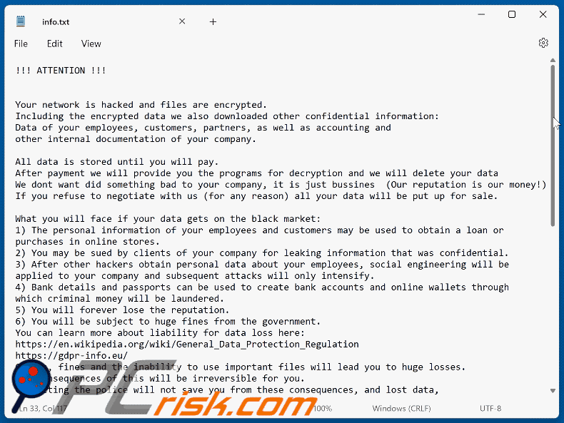 Wygląd notatki z żądaniem okupu ransomware HuiVJope (info.txt)