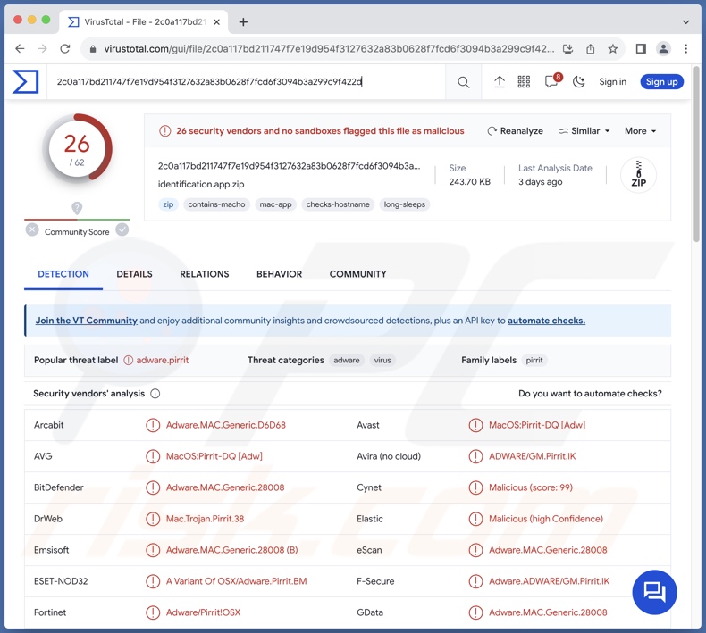 Wykrycia adware Identification.app na VirusTotal