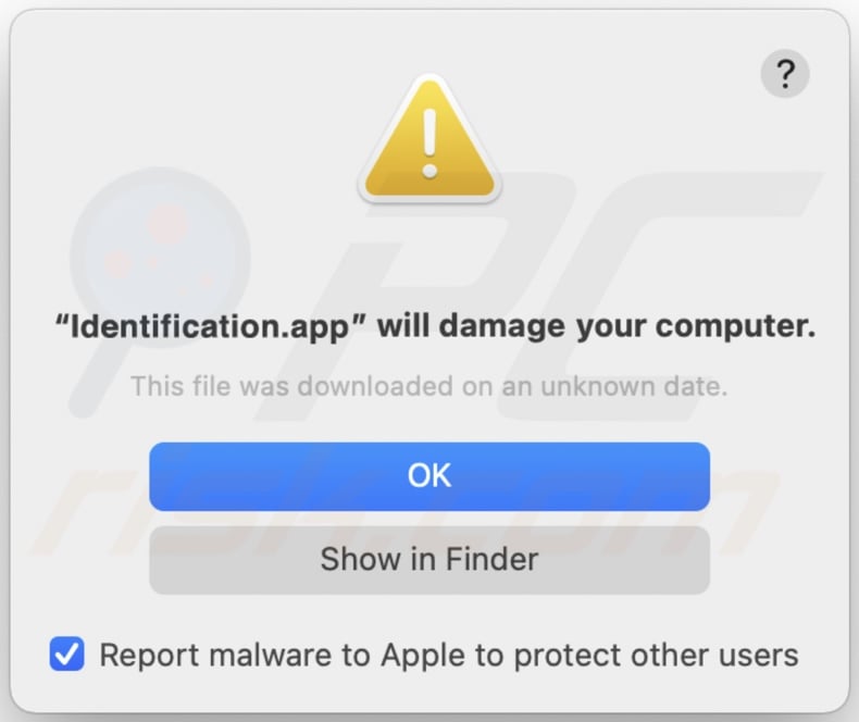 Okno pop-up wyświetlane, gdy adware Identification.app jest wykrywane w systemie