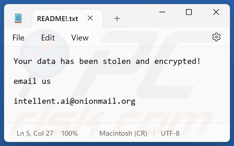 Plik tekstowy ransomware Intel (README!.txt)