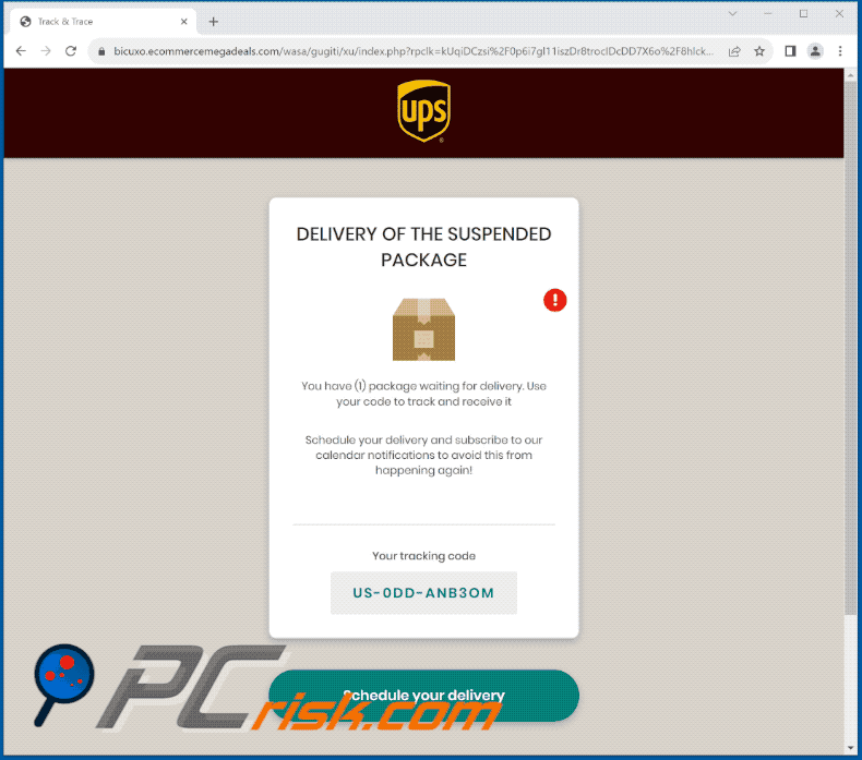 Wygląd fałszywej strony oszustwa e-mail IPS Pending Package Delivery