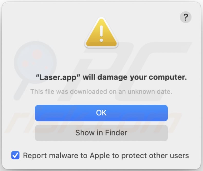 Pop-up wyświetlany, gdy adware Laser.app jest wykryte w systemie