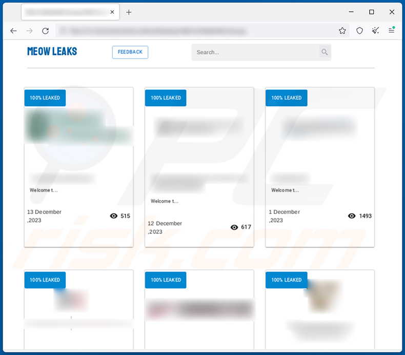 Strona z wyciekiem danych ransomware MEOW
