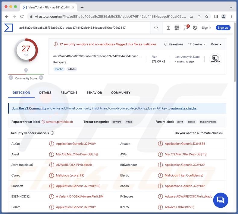 Wykrycia adware Reinquire na VirusTotal