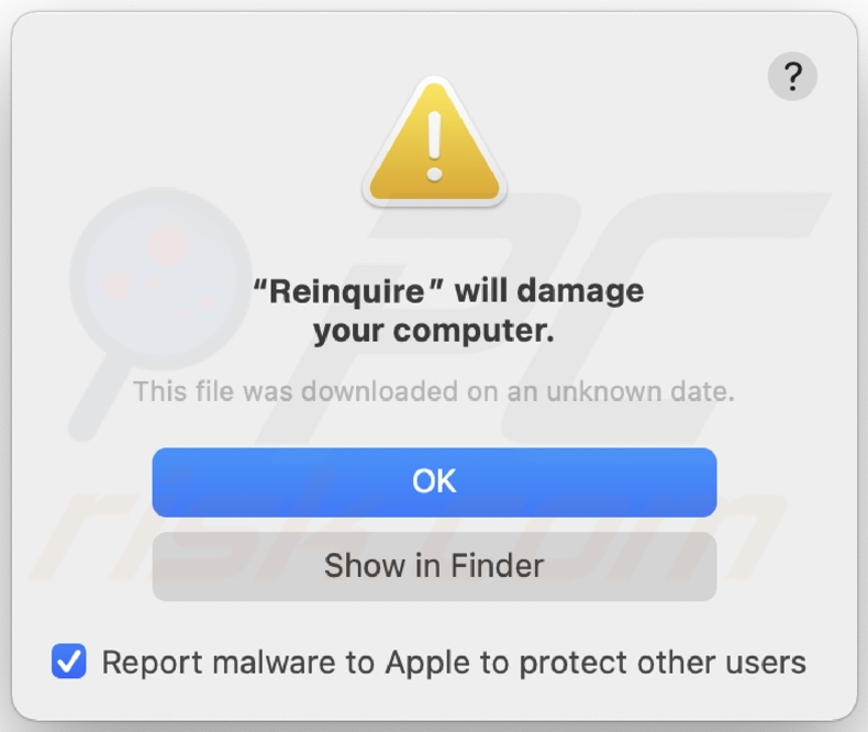 Pop-up wyświetlany, gdy adware Reinquire jest wykryte w systemie