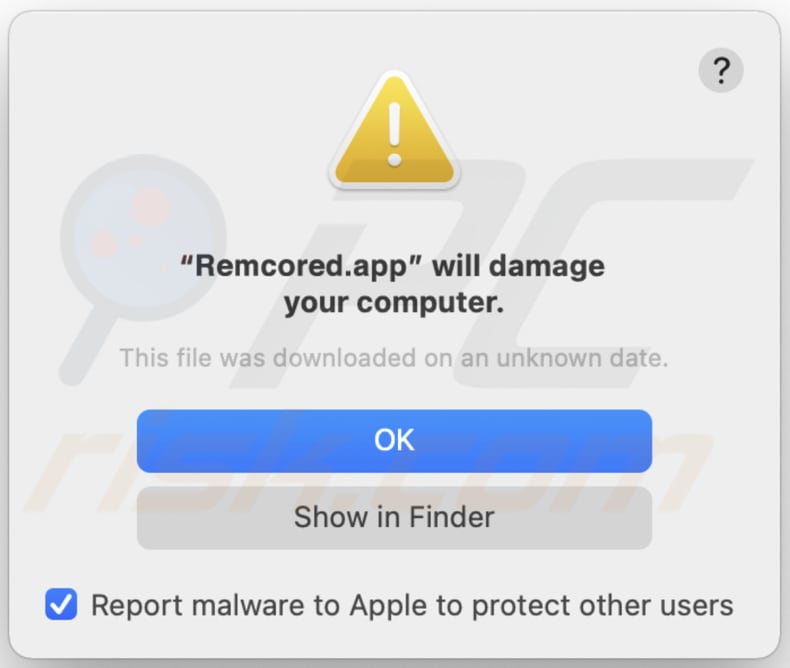 Ostrzeżenie adware Remcored.app