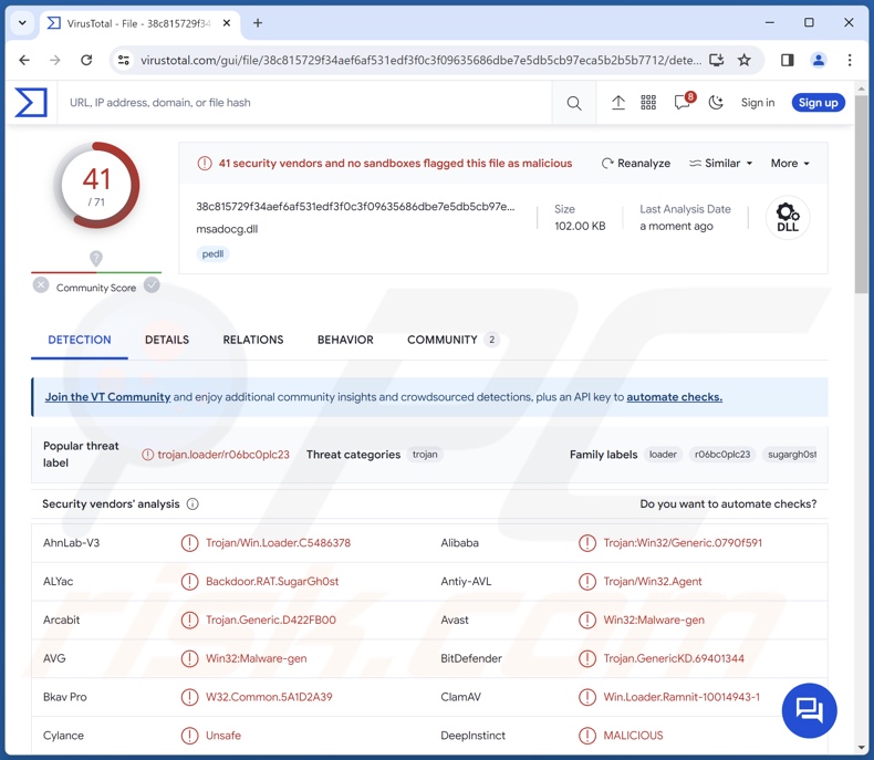 Wykrycia malware na SugarGh0st na VirusTotal