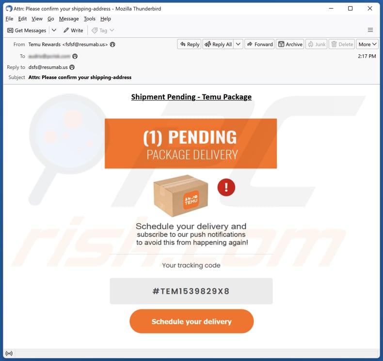 E-mailowa kampania spamowa Temu - Pending Package Delivery