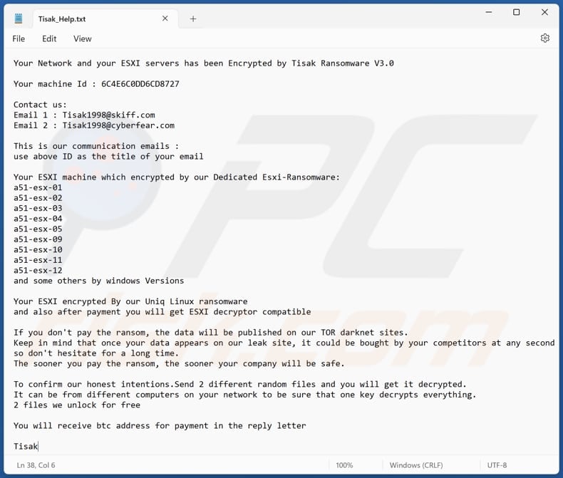 Plik tekstowy ransomware Tisak (Tisak_Help.txt)