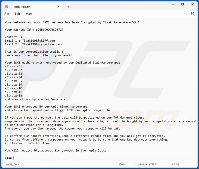 Plik tekstowy ransomware Tisak (Tisak_Help.txt)