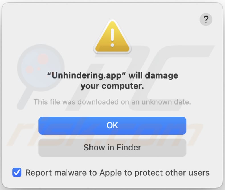 Ostrzeżenie adware Unhindering.app