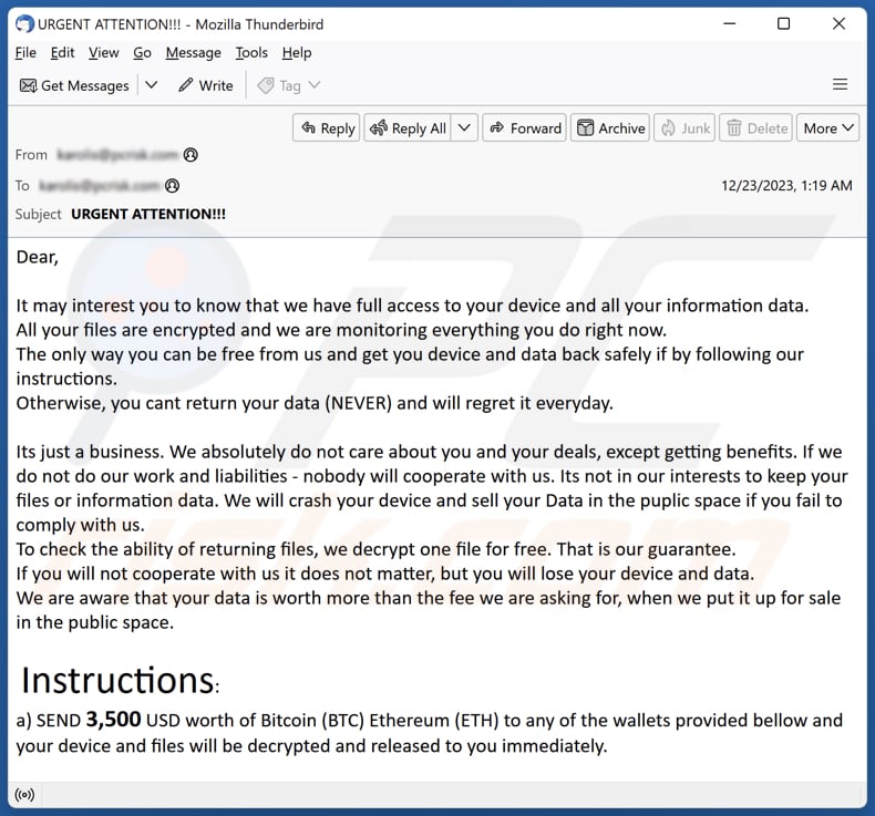 E-mailowa kampania spamowa We Have Full Access To Your Device