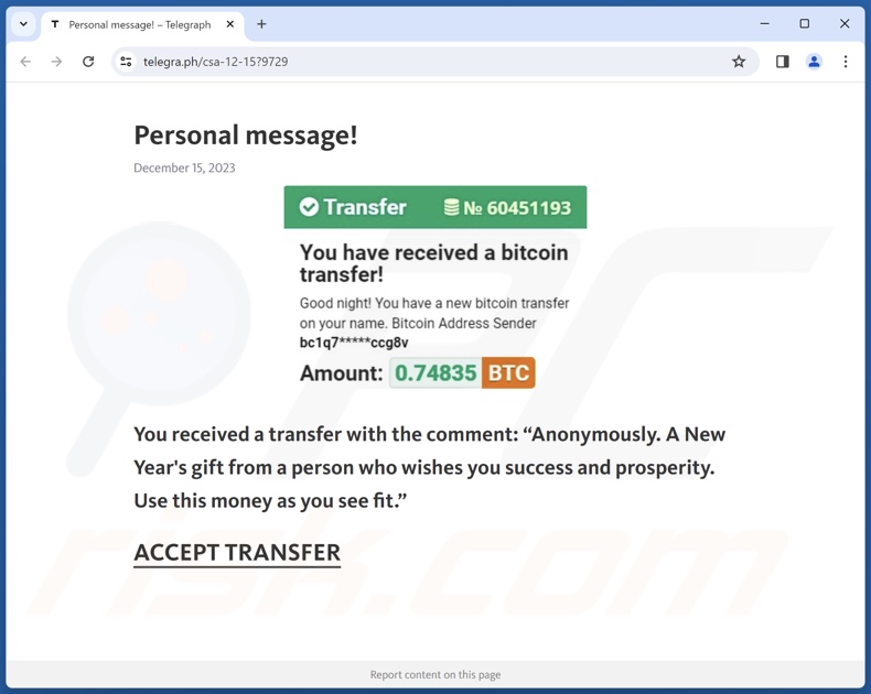 Oszustwo You Have Received A Bitcoin Transfer