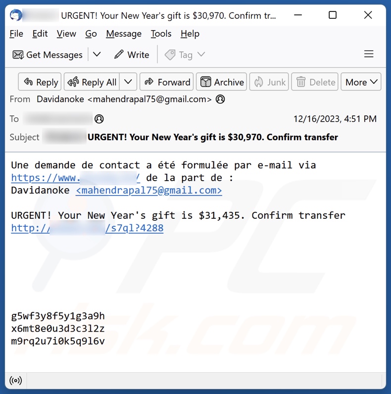 Spamowy e-mail promujący oszustwo You Have Received A Bitcoin Transfer