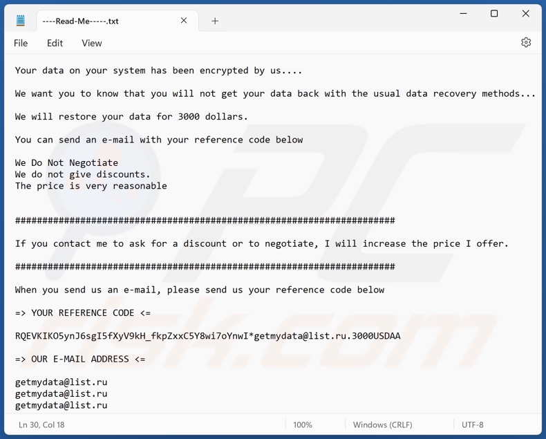 Notatka z żądaniem okupu ransomware 3000USDAA (----Read-Me-----.txt)
