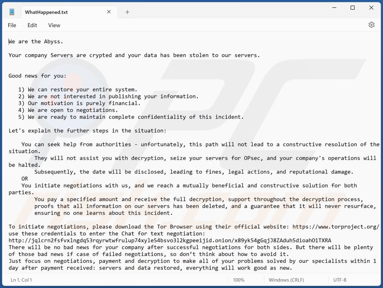 Plik tekstowy ransomware Abyss (WhatHappened.txt)