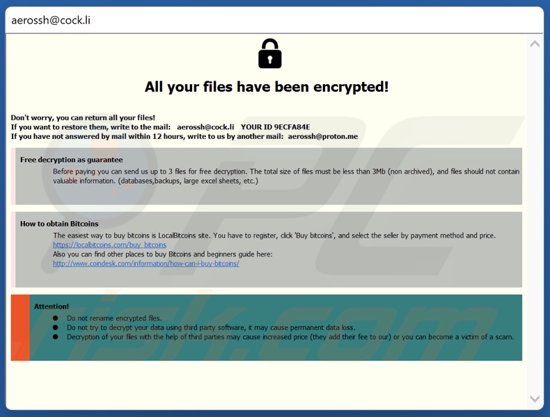 Notatka z żądaniem okupu ransomware AeR (pop-up)