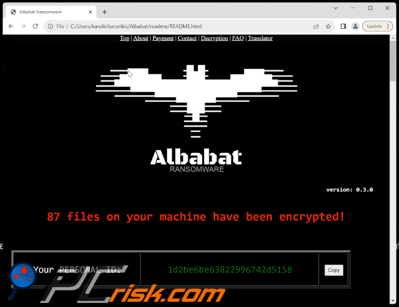 Notatka z żądaniem okupu html ransomware Albabat (README.html)