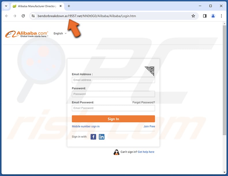 Strona phishingowa oszustwa e-mailowego Alibaba