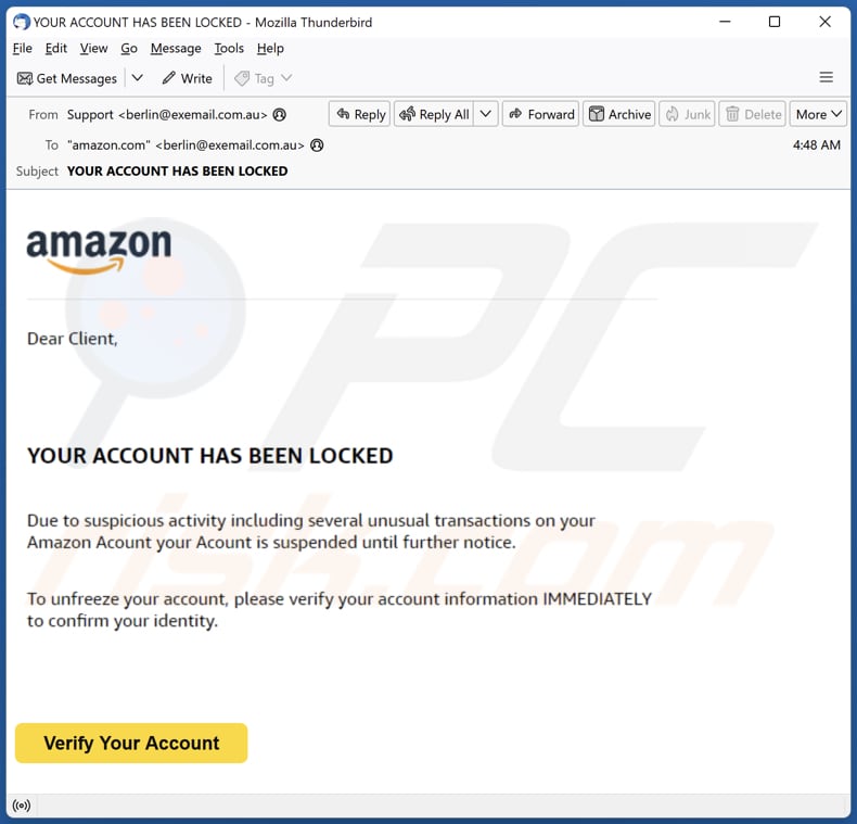 E-mailowa kampania spamowa Amazon - Your Account Has Been Locked