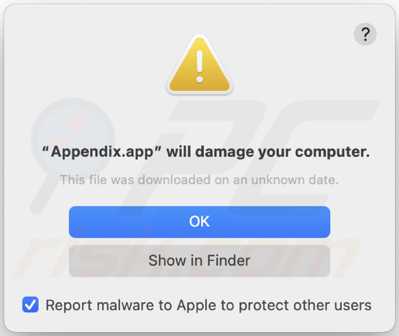 Pop-up wyświetlany, gdy adware Appendix.app jest wykryte w systemie