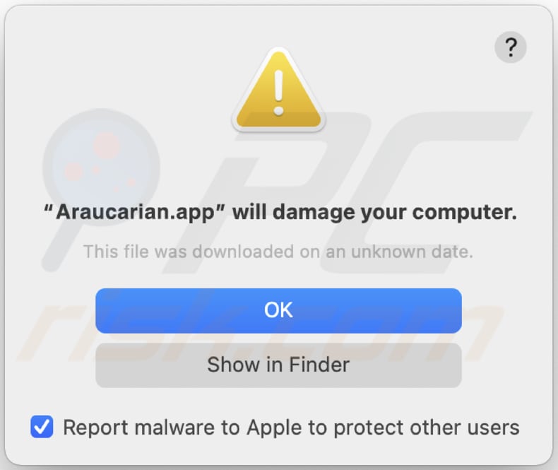 Ostrzeżenie adware Araucarian.app
