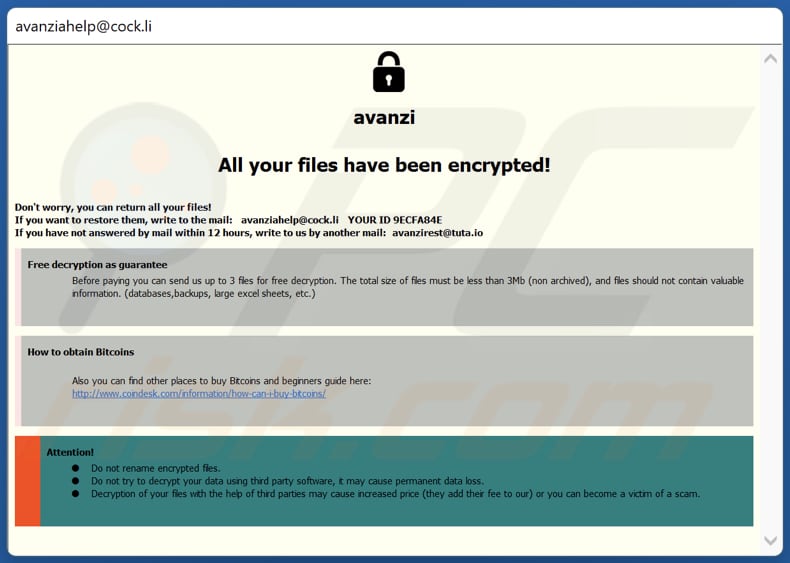 Notatka z żądaniem okupu ransomware Avanzi (okno pop-up)