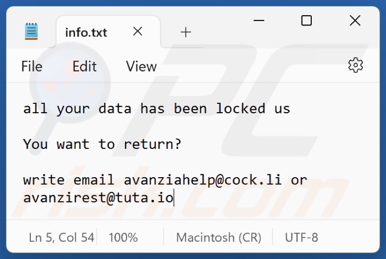 Plik tekstowy ransomware Avanzi (info.txt)