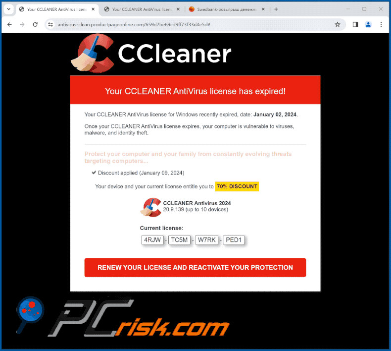 Wygląd oszustwa CCLEANER AntiVirus License Has Expired (GIF)