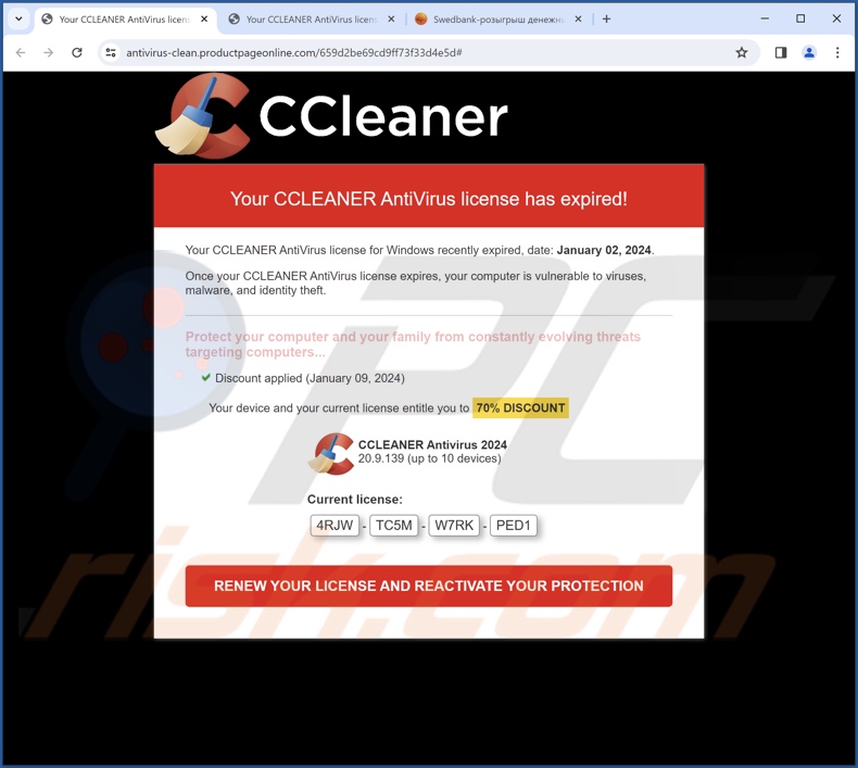 Oszustwo CLEANER AntiVirus License Has Expired