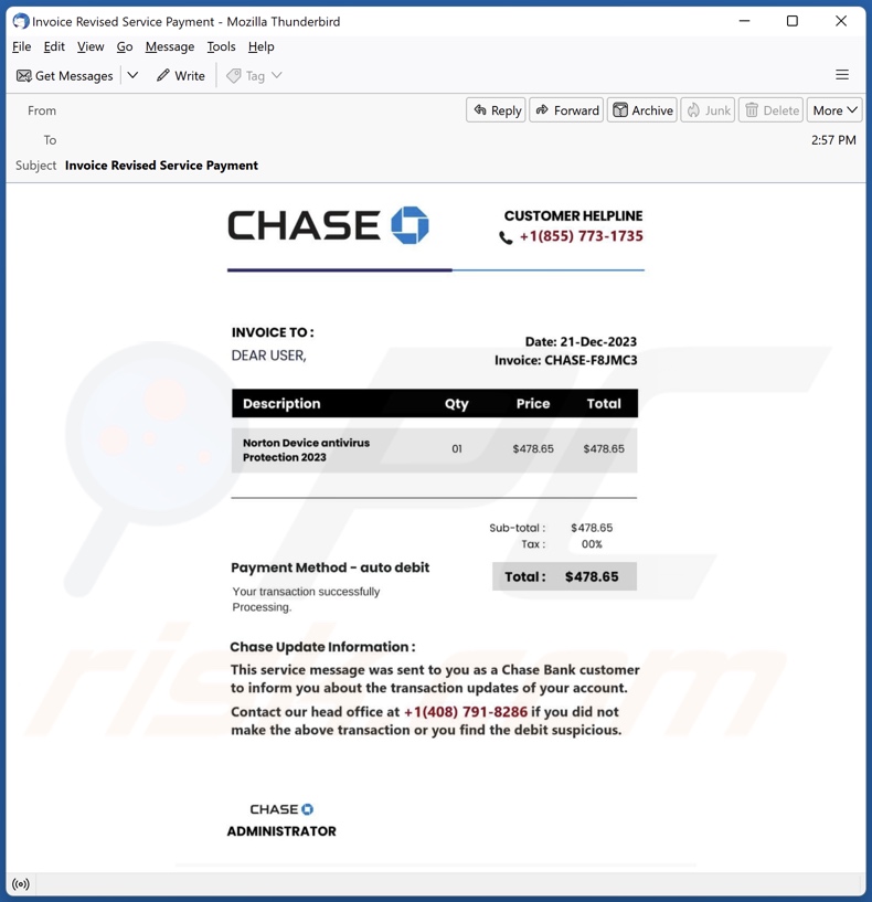 E-mailowa kampania spamowa Chase Bank Invoice