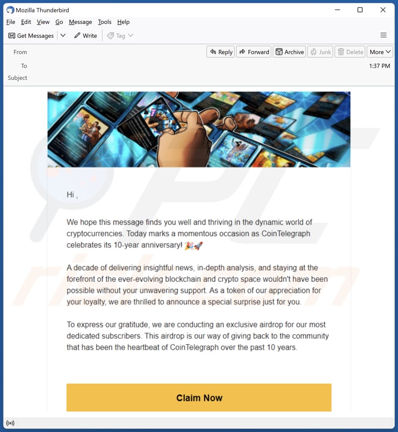 E-mail promujący oszustwo Cointelegraph's 10th Anniversary Airdrop