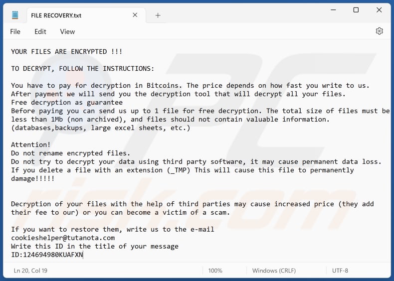 Plik tekstowy ransomware CookiesHelper (FILE RECOVERY.txt)