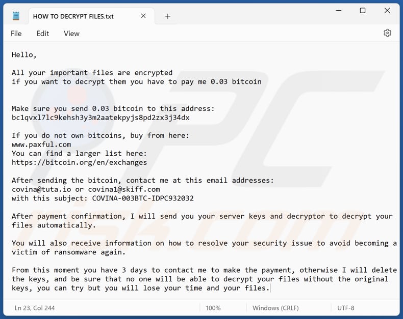 Plik tekstowy ransomware CoV (HOW TO DECRYPT FILES.txt)
