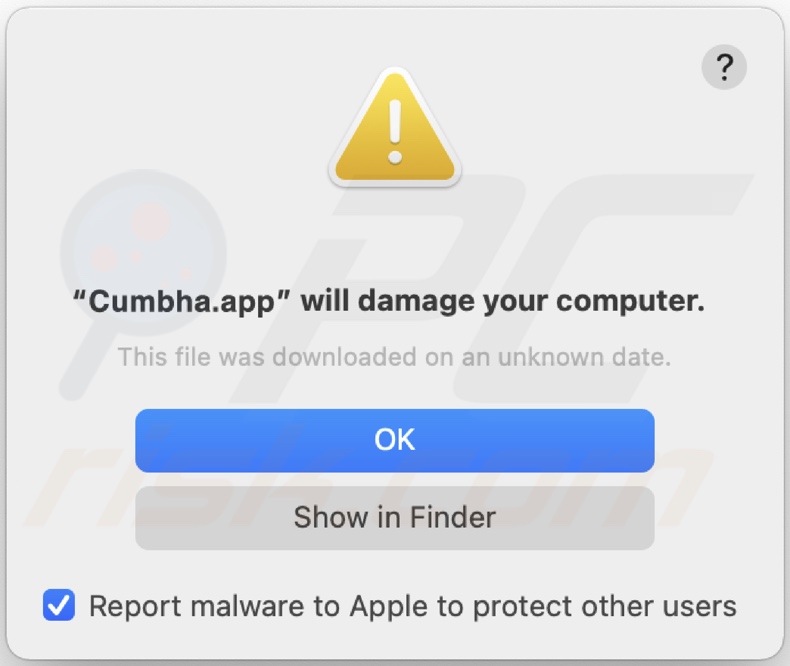 Oknio pop-up wyświetlane, gdy adware Cumbha.app jest wykrywane w systemie
