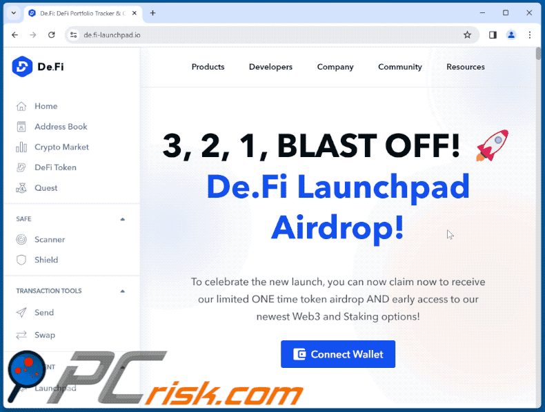 Wygląd oszustwa De.Fi Launchpad Airdrop (GIF)