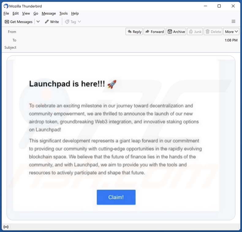 E-mail spamowy promujący oszustwo De.Fi Launchpad Airdrop