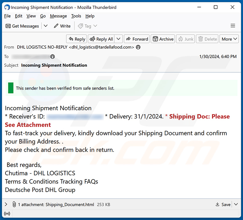 DHL - Incoming Shipment Notification email oszustwo (2024-02-01)