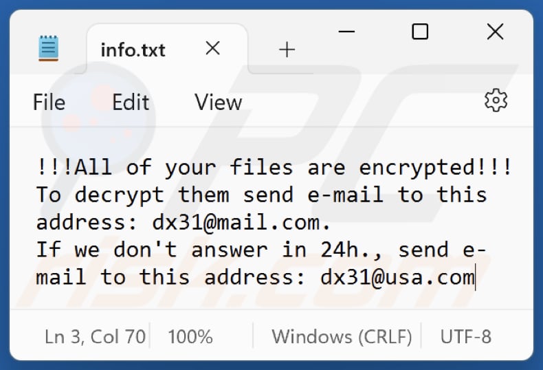 Plik tekstowy z notatką z żądaniem okupu ransomware Dx31 (info.txt)